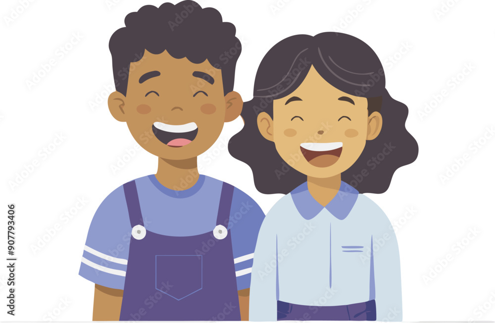 Two cheerful children stand side by side, smiling joyfully, radiating happiness and friendship in a bright environment. Two cheerful children stand side by side, smiling joyfully, radiating happiness and friendship in a bright environment.