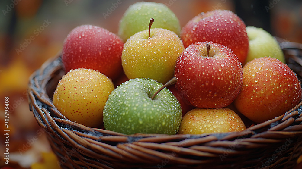 Close-up of a basket of red, green, and yellow apples in an autumn landscape Close-up of a basket of red, green, and yellow apples in an autumn landscape