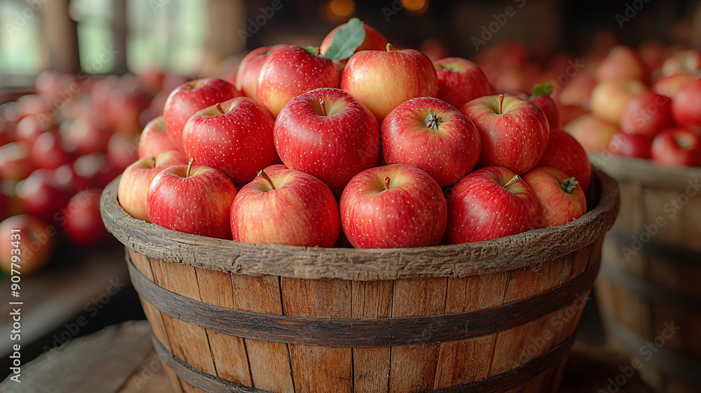 High-resolution image of a basket of fresh apples in a barn setting High-resolution image of a basket of fresh apples in a barn setting