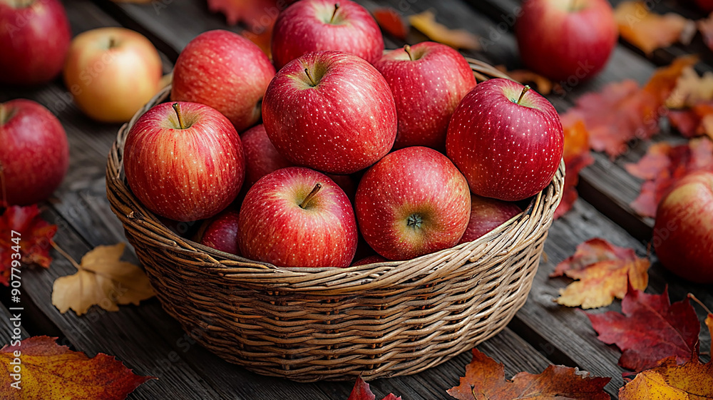 Overflowing basket of apples on a wooden deck, with autumn leaves around Overflowing basket of apples on a wooden deck, with autumn leaves around