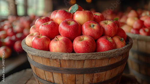 High-resolution image of a basket of fresh apples in a barn setting