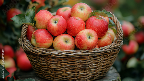 High-resolution image of a wicker basket filled with apples in a garden