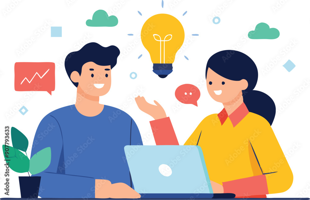 Two colleagues engage in a lively discussion while working on a laptop in a vibrant office setting. Two colleagues engage in a lively discussion while working on a laptop in a vibrant office setting.