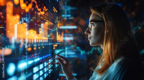 Beautiful business woman working with digital data and complex graphs