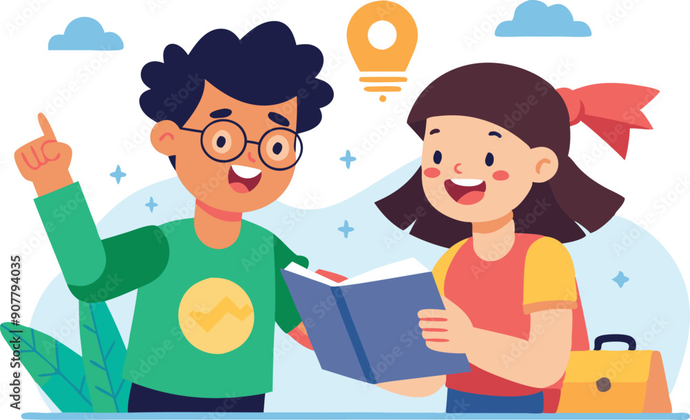 Two joyful children share a book while exploring new ideas in a cheerful outdoor setting. Two joyful children share a book while exploring new ideas in a cheerful outdoor setting.