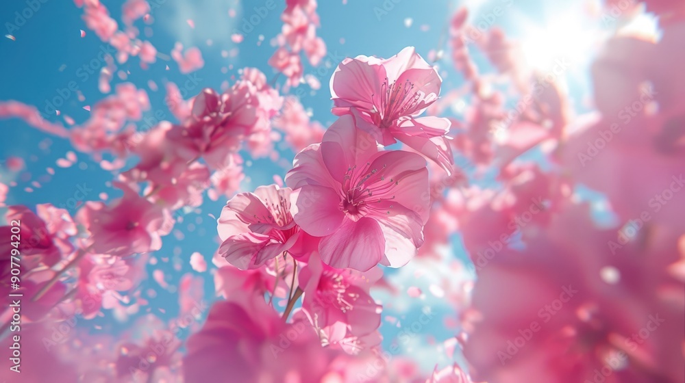 Pink cherry blossoms falling against a blue sky. Perfect for springtime, nature, and floral themes. Pink cherry blossoms falling against a blue sky. Perfect for springtime, nature, and floral themes.