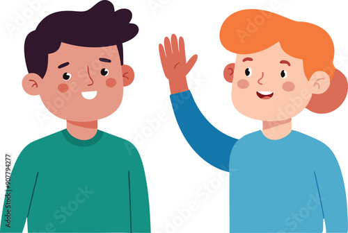 Two cheerful children wave at each other with warm smiles, showcasing a moment of friendship and connection.