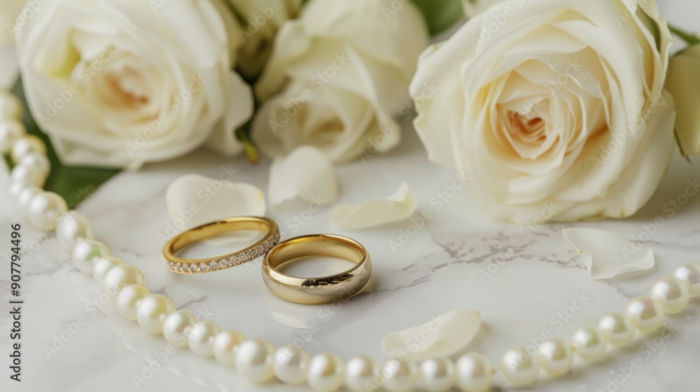 Wedding Rings and Pearls with White Roses Wedding Rings and Pearls with White Roses