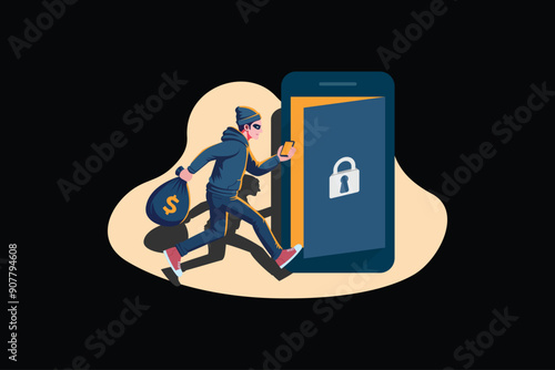 Cyber thief, hacker, get out of the door with a bag of personal information on smartphone. Cyber security and crime concept. Vector illustration of flat design people cartoon character.