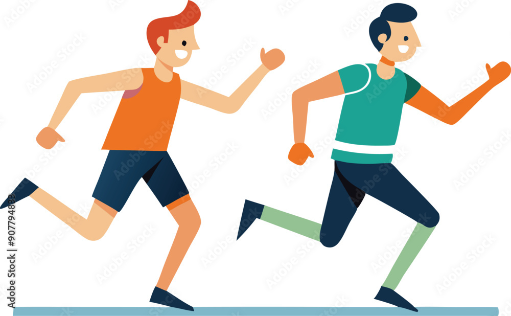 Two athletes are actively running on a track, smiling and enjoying their exercise in a vibrant city park setting. Two athletes are actively running on a track, smiling and enjoying their exercise in a vibrant city park setting.