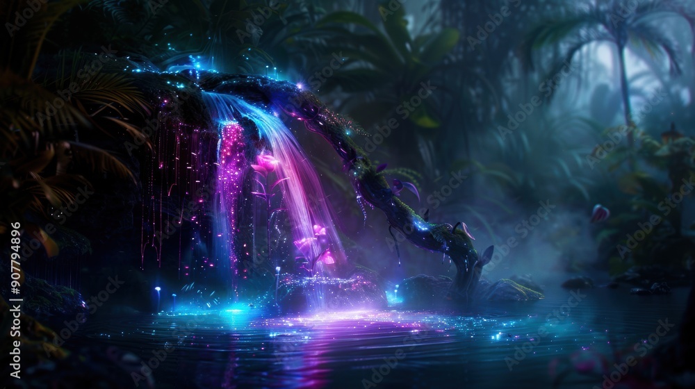 Fototapeta premium A waterfall with a purple and blue glow