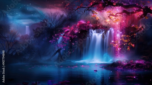 A beautiful waterfall with pink and purple trees in the background