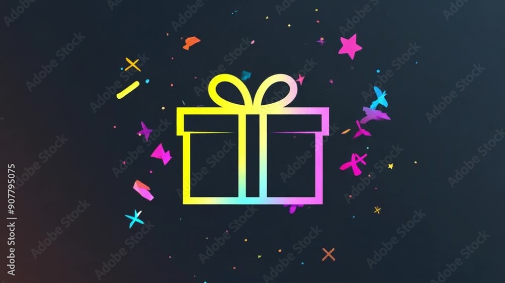 Animated gift box with vibrant confetti on a dark background. Animated gift box with vibrant confetti on a dark background.
