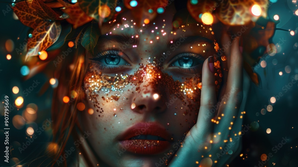 A woman with glitter on her face and a leafy headdress A woman with glitter on her face and a leafy headdress