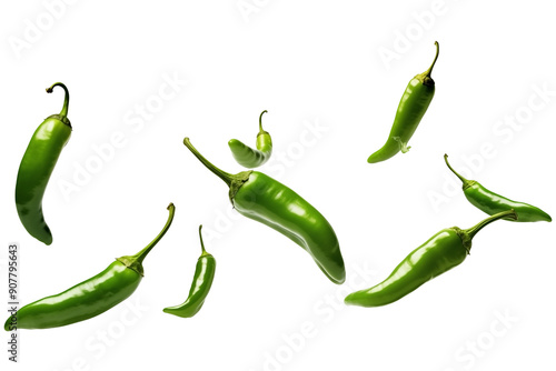Sey of Falling Green Hot Chili peppers PNG Spicy Flying peppers isolated on white and transparent background - Cooking Ingredients Mexican Seasoning Restaurant Menu Advertising