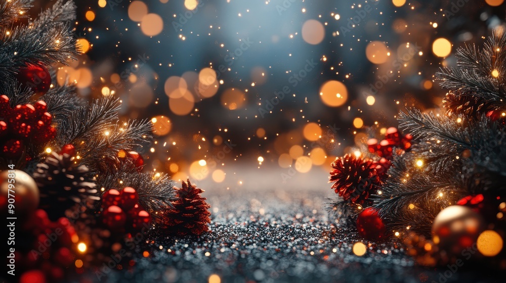 Christmas 3D background with festive elements and holiday lights Christmas 3D background with festive elements and holiday lights