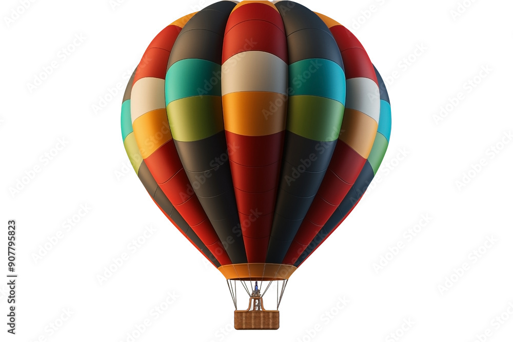 Naklejka premium Front View of a Flying Hot-air balloon PNG Colored air balloon isolated on white and transparent background - Airborne Ballooning Air travel Concept