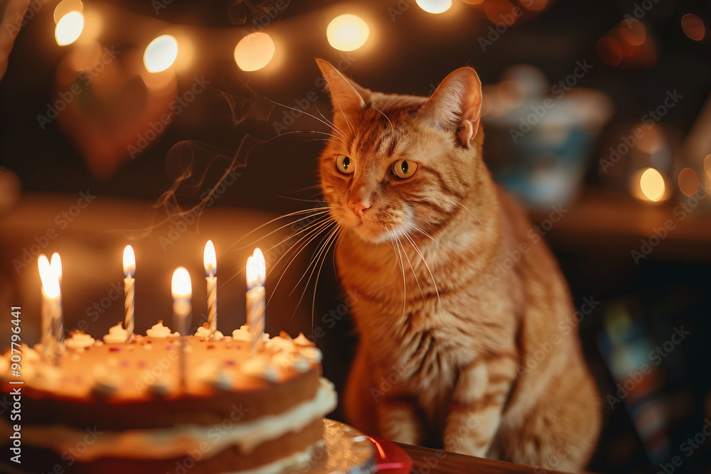 Pet Birthday party with beautiful tasty cake and candles, family kids friends, Generative AI Pet Birthday party with beautiful tasty cake and candles, family kids friends, Generative AI