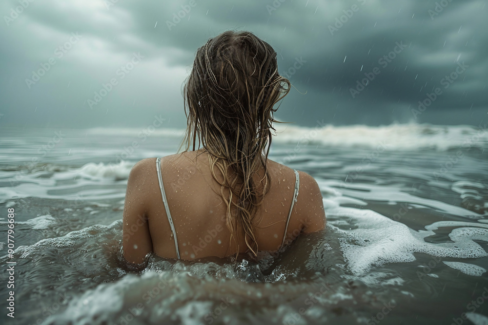 Scary storm day, person in danger under tsunami storm thunderstorm lightning, Generative AI Scary storm day, person in danger under tsunami storm thunderstorm lightning, Generative AI