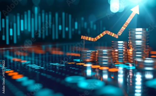 Wallpaper Mural A blue grunge background with glowing digital financial growth graph and coins, upward arrow icon on the right side. Torontodigital.ca