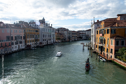 Venice, Italy-April 24, 2024: Venice Grand Canal with Gondola and Boat