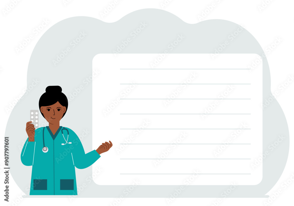 A female doctor holds pills in his hand. There is space for text next to it. Vector flat illustration. A female doctor holds pills in his hand. There is space for text next to it. Vector flat illustration.