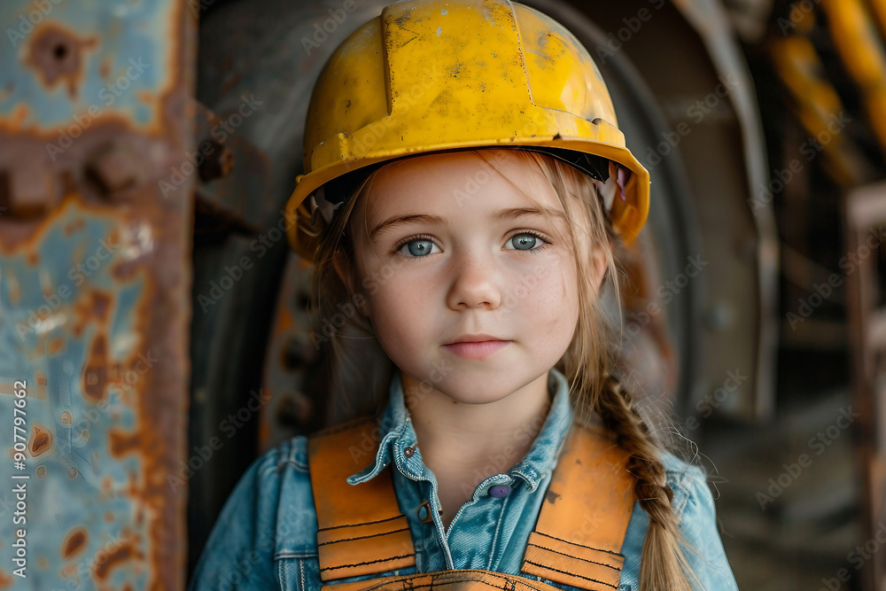 Created with generative AI image of cute small child wearing helmet and costume like an adult Created with generative AI image of cute small child wearing helmet and costume like an adult