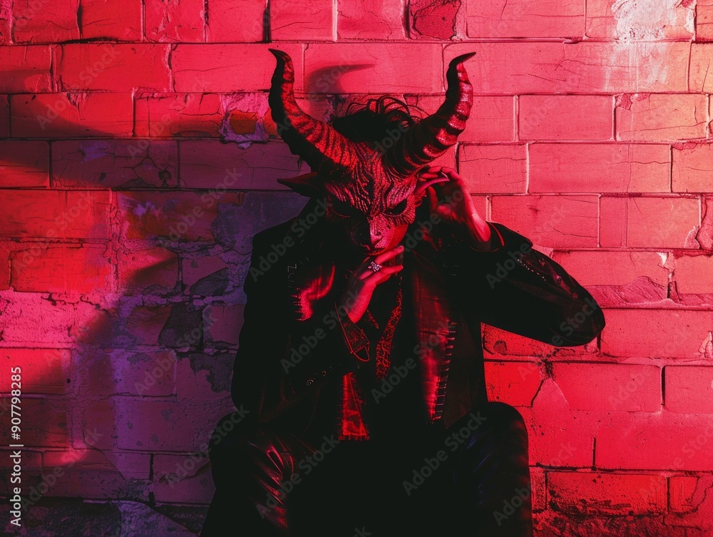Naklejka premium Medium shot of Goathead man, themed background, bright tonality, in the style of fashion photography 