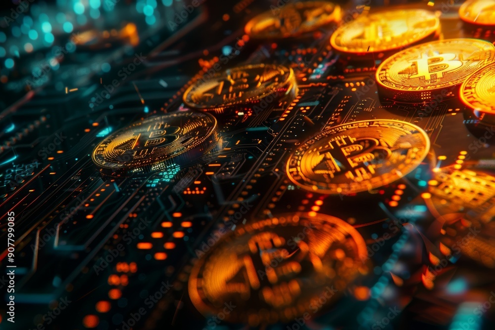A close-up of cryptocurrency coins with a background of a computer screen displaying blockchain data A close-up of cryptocurrency coins with a background of a computer screen displaying blockchain data