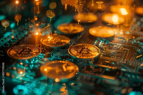 A close-up of cryptocurrency coins with a background of a computer screen displaying blockchain data