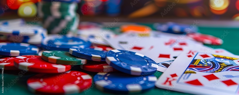 gambling chips in the casino fly and fall on the table with money in the rays of light gambling chips in the casino fly and fall on the table with money in the rays of light