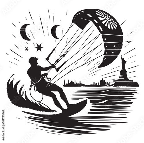 Kitesurfing Kite Surfing silhouette vector on white background.