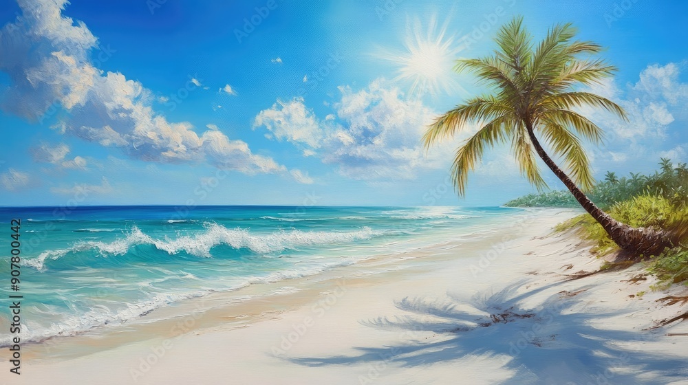 Fototapeta premium Tranquil beach landscape with white sandy shores, gentle waves, and a palm tree swaying in the breeze under a bright sun.
