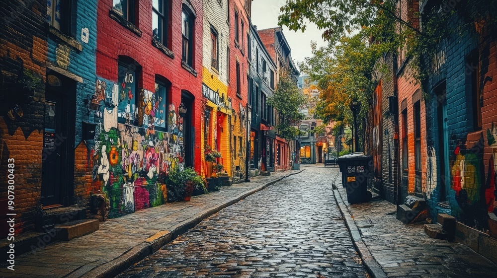 Fototapeta premium Urban cityscape with a mix of old and new buildings, cobblestone streets, and colorful street art adding character to the area.