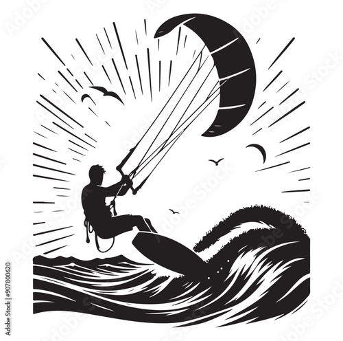 Kitesurfing Kite Surfing silhouette vector on white background.