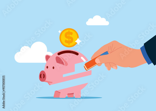 Businessman removed piggy bank with eraser. Flat vector illustration