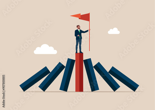 Businessman winner on standing domino chart, takes all, survive in business competition. Flat modern vector illustration. 