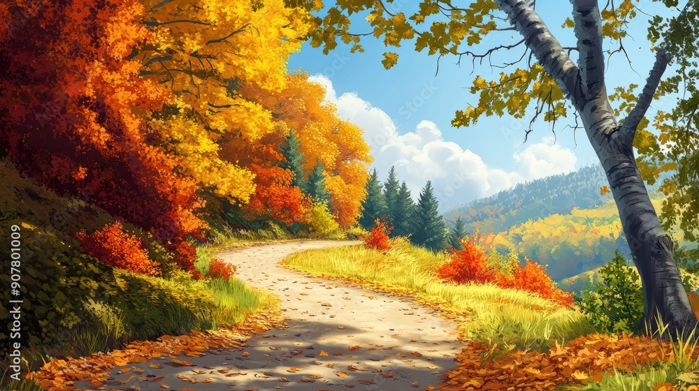 Enchanting autumn landscape with colorful foliage, a winding path through the woods, and a crisp, clear sky. Enchanting autumn landscape with colorful foliage, a winding path through the woods, and a crisp, clear sky.