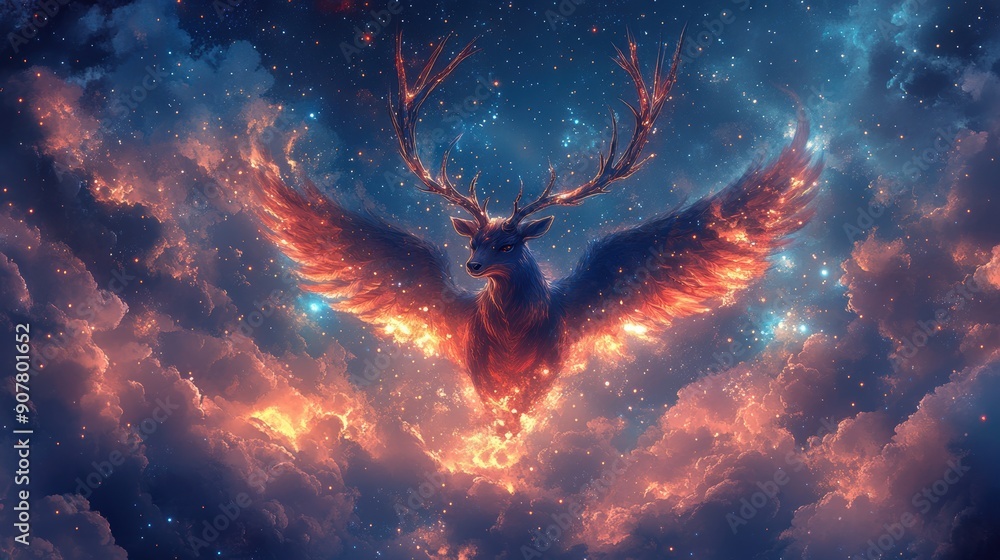 A mythical animal with wings and antlers, flying through a kaleidoscope of clouds and stars A mythical animal with wings and antlers, flying through a kaleidoscope of clouds and stars
