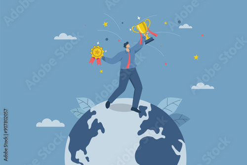 Businessman won world business awards, Organizations with international championship performance, Worldwide success or winning world competitions, Business Leaders stand on the globe and hold trophy.