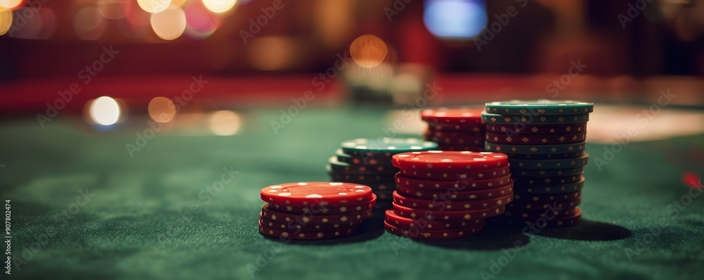 gambling chips in the casino fly and fall on the table with money in the rays of light gambling chips in the casino fly and fall on the table with money in the rays of light