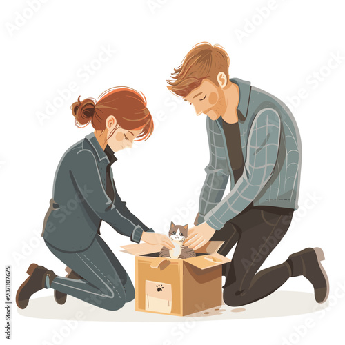 Young man woman kneel open cardboard box, kitten inside box catching attention. Couple engages pet care, gentle expressions, unboxing new pet. Casual clothing, isolated white background, tender