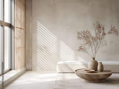 Aesthetic elegant minimalist japandi interior design. Clear mock up empty wall for decoration. Copy space. Neutral palette of natural colors. photo