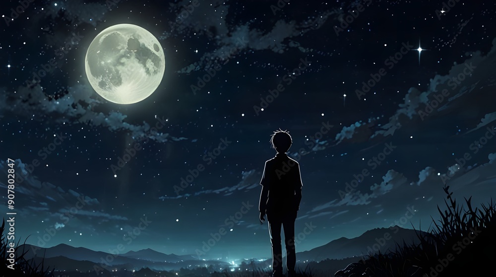 Fototapeta premium Enchanting Anime-Inspired HD Wallpaper Loneliness and Hope Merge in Starry Night Sky
