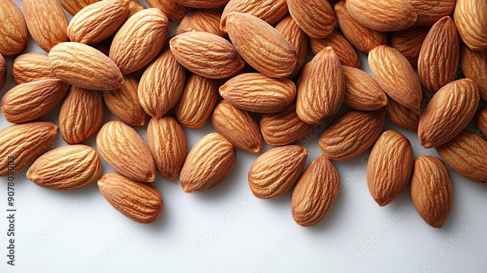 Fototapeta premium Raw Natural Organic Almonds Nuts Scattered Isolated on White Background Top View Healthy Food for Life Natural Light 