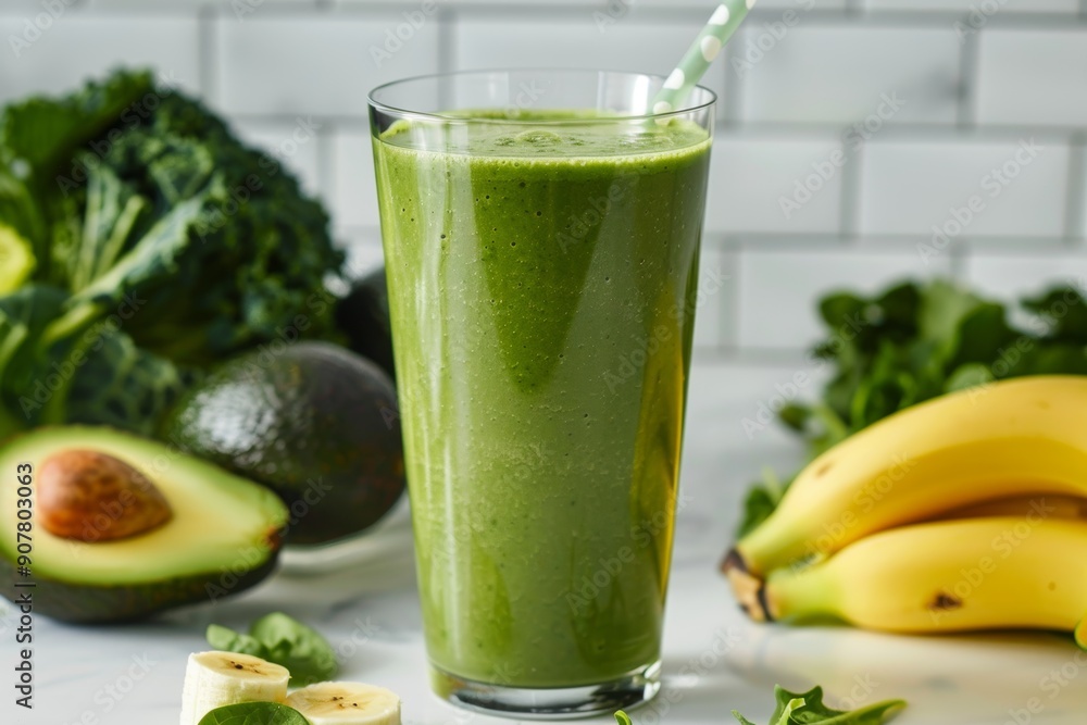 Healthy Green Smoothie in a Tall Glass with Fresh Avocados, Bananas, and Greens on a Kitchen Counter Healthy Green Smoothie in a Tall Glass with Fresh Avocados, Bananas, and Greens on a Kitchen Counter