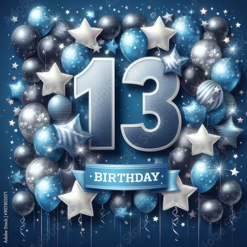 A festive blue and silver themed background celebrating a 13th birthday. photo