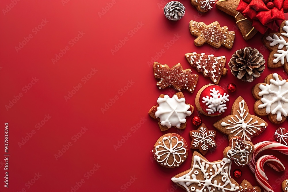 Fototapeta premium top view template border frame of tasty sweet Christmas cookies on bright red background with copy space