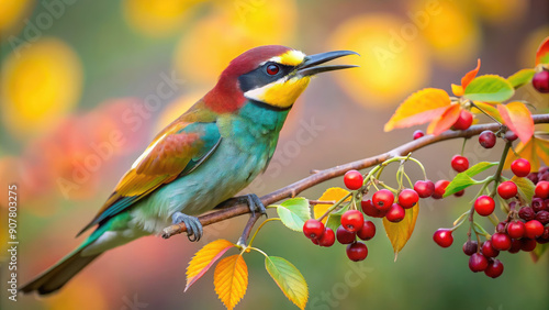 Fototapeta Naklejka Na Ścianę i Meble -  bird on a branch, red berries, autumn yellow leaves on the trees, fall, season, September, October, November, ornithology, feathers, animals, bird watching, beak, wings, color, forest