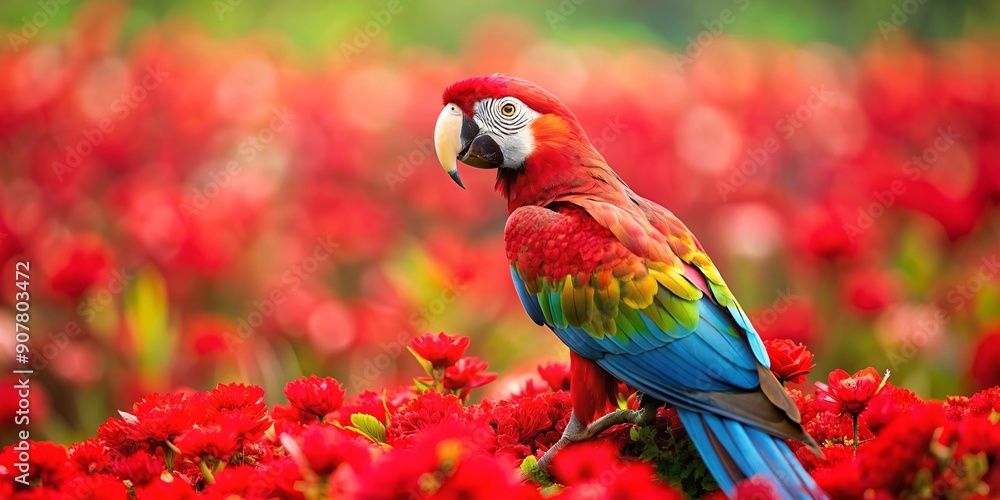 Vibrant scarlet macaw perched in a field of blooming red flowers, scarlet macaw, field, red flowers, vibrant, colorful, exotic Vibrant scarlet macaw perched in a field of blooming red flowers, scarlet macaw, field, red flowers, vibrant, colorful, exotic